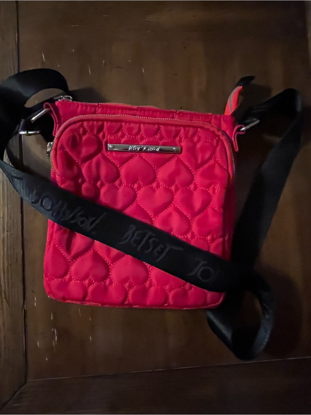Betsey Johnson Red Hearts Quilted Crossbody Bag with Black Strap